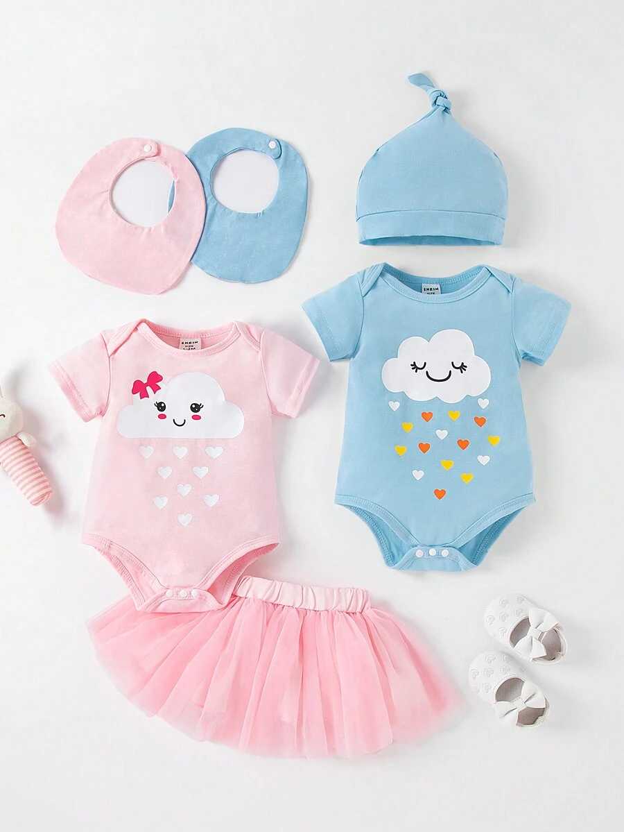 SHEIN 嬰兒女裝連鎖帶、帽子、網紗裙套裝，春夏季禮物首選，舒適、可愛、休閑 - 彩色 - 查看 1