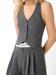 LYSMO Button Front Halter Top & Wide Leg Trousers - Grey - View 5