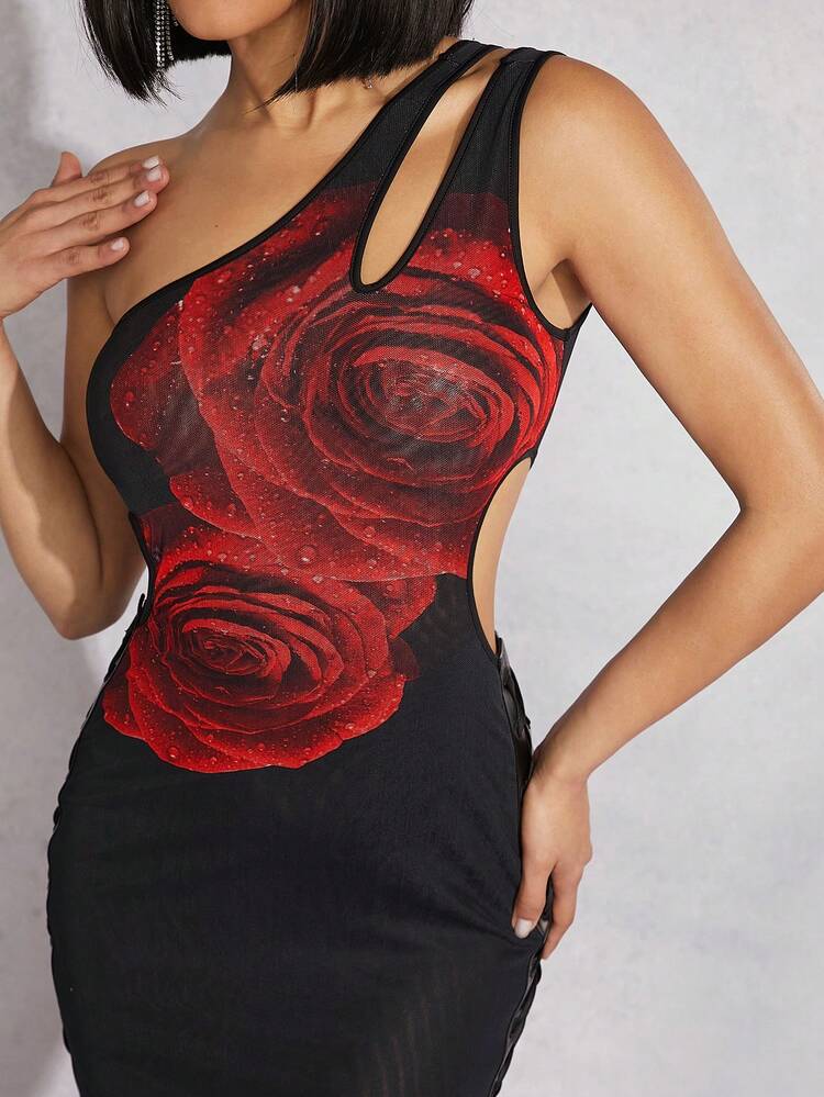 Floral Lace Up Side One Shoulder Dress