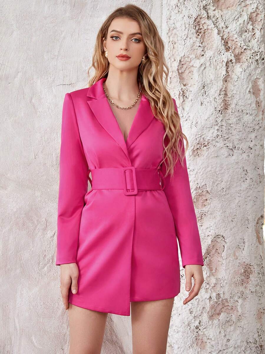 UNIQUE21 Women's Solid Color Turndown Collar Dress - Hot Pink - View 1