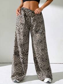 SHEIN EZwear Pantalones Largos Para Mujer Con Estampado De Leopardo Y Cordón De Ajuste