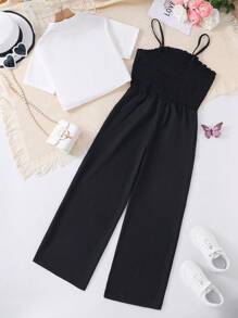 SHEIN Conjunto de dos piezas para adolescentes, compuesto por una camisa de manga corta de unicolor y un mono con sostén fruncido