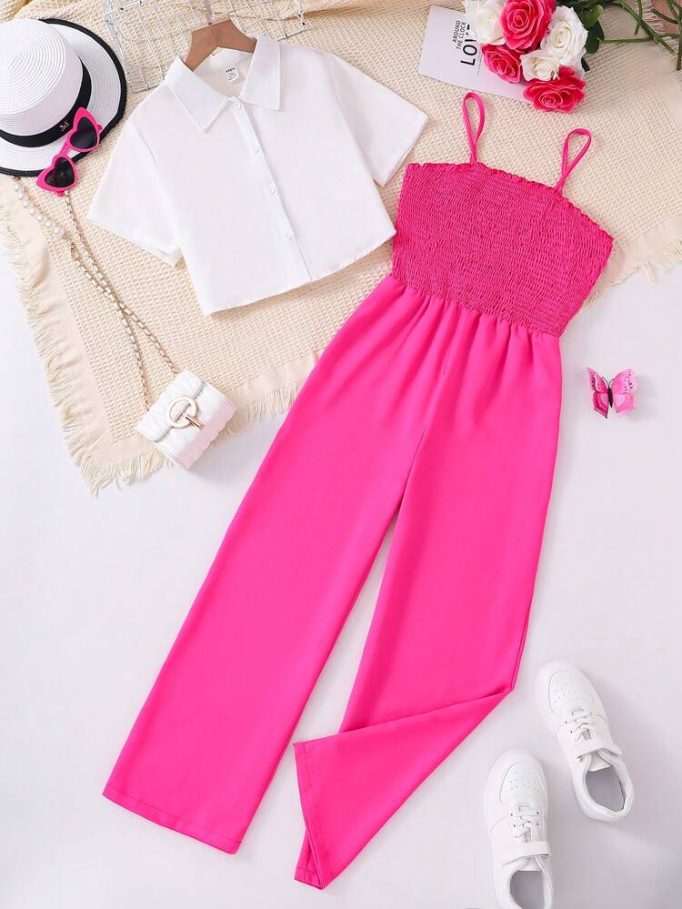 Teen Girl Spring/Summer Casual Solid Color Short Sleeve Shirt And Sling Jumpsuit Set
