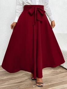 SHEIN LUNE 大碼女裝純色腰帶鬆身A字長裙，簡約優雅風格 - 酒紅色 - 查看 1