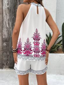SHEIN LUNE Summer Holiday Bohemian Paisley Print Sleeveless Top And Shorts Set - Hot Pink - View 2