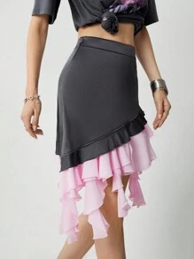 SHEINNeu Women's Summer Skirt With Chiffon Color Block Flounce Hem And Stylish Pleated Decoration.