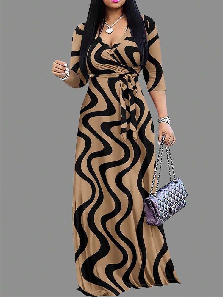 Women's V-Neck Cinched Waist Dress, Short Sleeve, Spring/Summer 2026 Elegant - Bronze - View 3