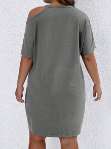 SHEIN LUNE Plus Size Nữ Váy cổ bất đối xứng in đơn giản - Xám - Xem 2