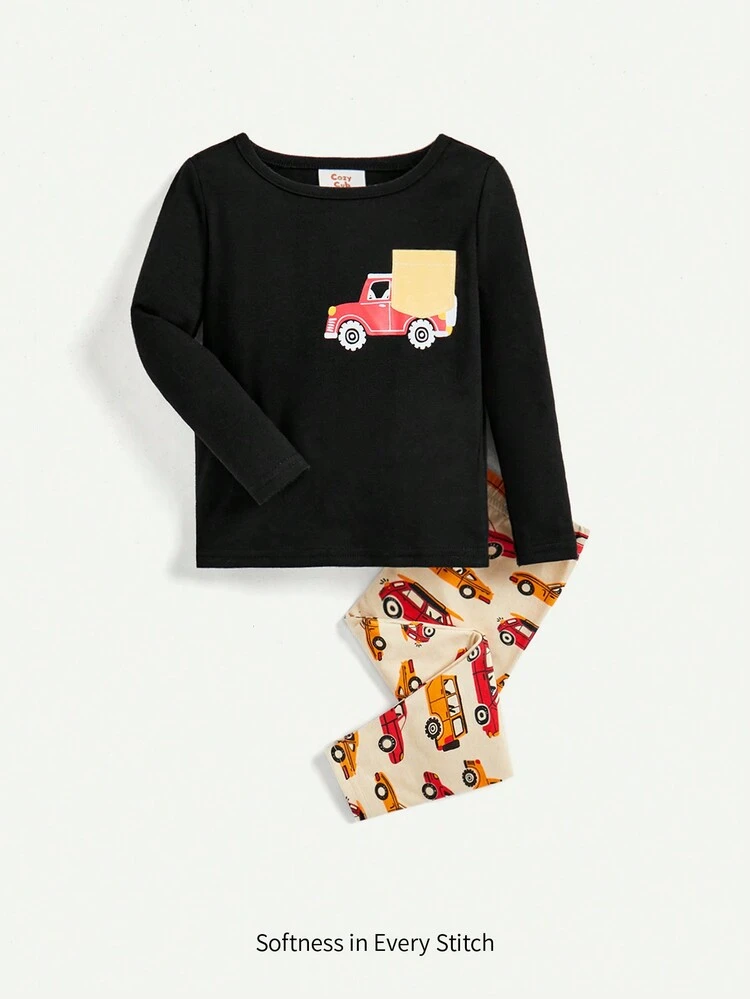 Baby Boy Snug Fit Pajama Set, Cartoon Car Patterned Long Sleeve Round Neck Top & Pants, High Elasticity Comfortable Homewear 2pcs/Set