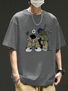 男士卡通印花圆领休闲宽松短袖T恤 - 深灰色 - 查看 2