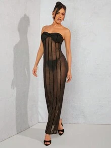 Hauture Seam Detail Sheer Strapless Dress - Black - View 6
