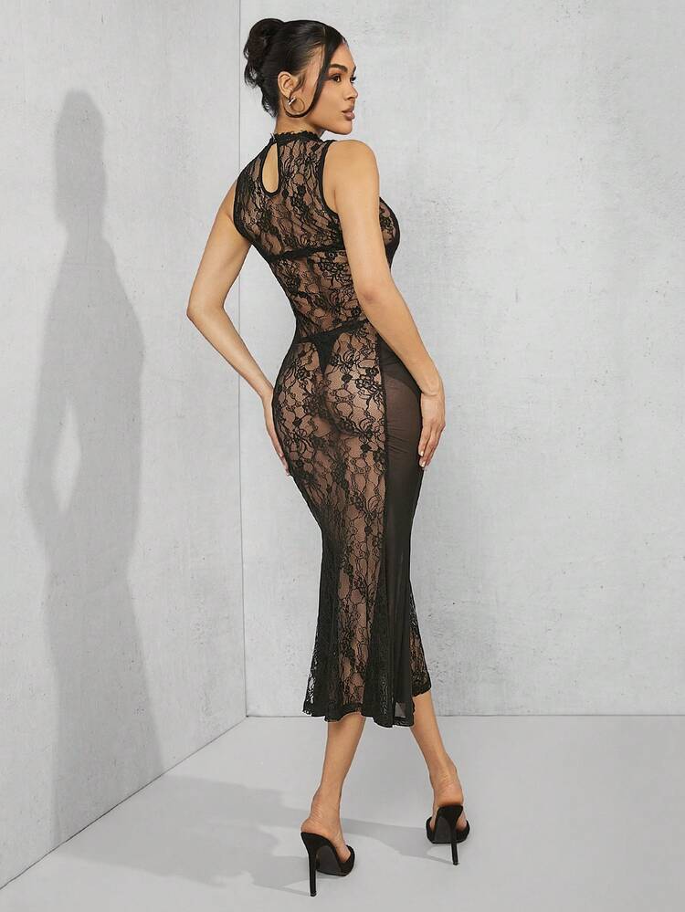 Lace Mock Neck Contrast Side Dress