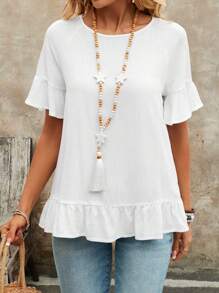 EMERY ROSE Camicia estiva casual a maniche corte con scollo a giro e orlo a volant