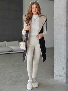 RueChic Zip Up Drawstring Hooded Puffer Vest Coat - Black - View 4