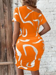Celure Plus Size Full Print Asymmetrical Collar Ruffle Bodycon Dress For Summer - Orange - View 2