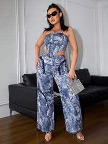 SHEIN SXY x STAS Ladies' Denim Effect Water Printed Zipper Detail Pants - Multicolor - View 3