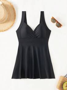 SHEIN Swim Solid Color Heart Shaped Neckline Stylish Summer Beach Tankini Dress - Black - View 6