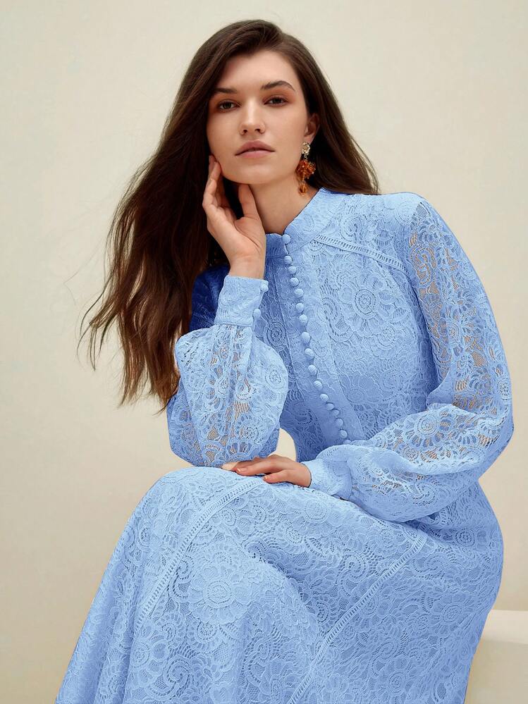 blue lace dress long sleeve 2 Pieces Long Sleeves Navy Blue Lace Prom Dresses, Navy Blue Two Piece –  jbydress main image 1
