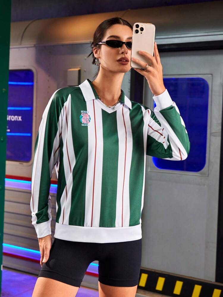 Women Loose Long Sleeve Striped Letter Print Sport Polo Shirt