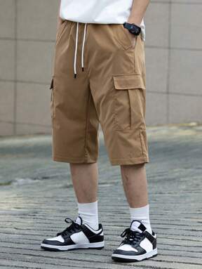 Claim Dot Men's Solid Color Drawstring Waist Wide Leg Loose Casual Shorts, Men's Multi-Pocket Work Shorts, Men's Casual Shorts. Suitable For Daily Wear, Going Out, School, Party, Home, Travel, Music Festival. Also Suitable For Giving To Family And Friends