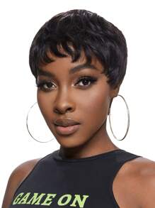 Short Pixie Cut Wig Natural Black Color Wave Bob Human Hair Wig With Bangs