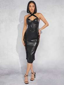 Hauture Women'S Mesh Contrast Pu Leather Halterneck Dress - Black - View 4