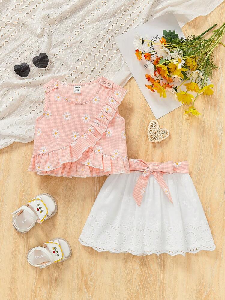 Baby Girl Vacation Flower & Grid Pattern Ruffle Trim Sleeveless Top And Solid Color Shorts Set