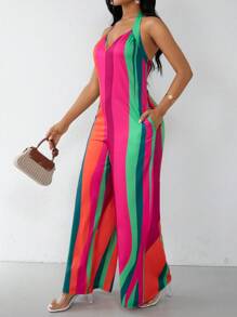 Lyxana Women Colorblock Halter Wide-Leg Jumpsuit With Belt Summer Vacation