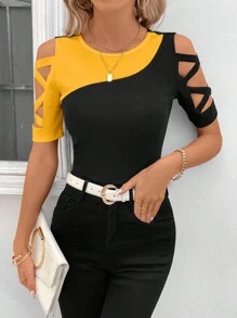 SHEIN Clasi Áo thun ngắn tay thời trang nữ có màu sắc tương phản và thiết kế dây đeo chéo - Màu vàng - Xem 6