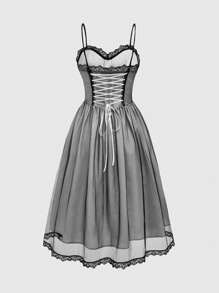 ROMWE Đầm công chúa Gothic ren chắp vá Dark Lolita có thể điều chỉnh cho nữ - màu đen - Xem 2