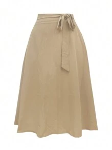 Calvaya Plus Size Nữ Màu Trơn Phong Cách Thắt Lưng Váy - Màu Khaki - Xem 1