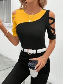 SHEIN Clasi Áo thun ngắn tay thời trang nữ có màu sắc tương phản và thiết kế dây đeo chéo - Màu vàng - Xem 5