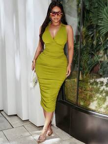 Party Deep V-Neck Lapel Side Ruched Bodycon Tank Dress With Pleated Hem - Green - View 6