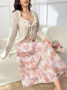 Modelyn 女士时尚法式印花连衣裙和荷叶边饰带前上衣两件套 - 粉色 - 查看 1
