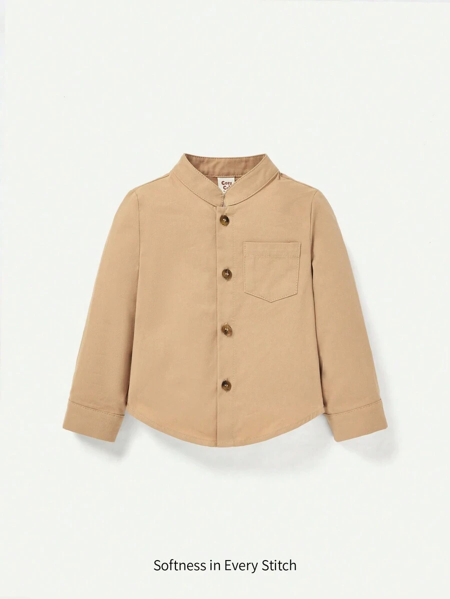 Cozy Pixies Baby Boy Button Front Curved Hem Shirt - Khaki - View 1