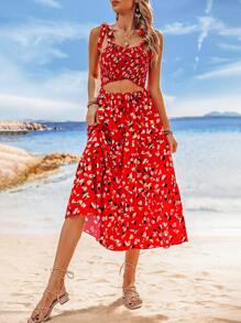 Breezaya Robe longue d"été imprimée pour femme, style de vacances avec bretelles spaghetti, ceinture à la taille et détails ajourés - Multicolore - Voir 4