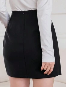 DAZY 夏季純色不對稱下擺優雅直筒裙 - 黑色 - 查看 5