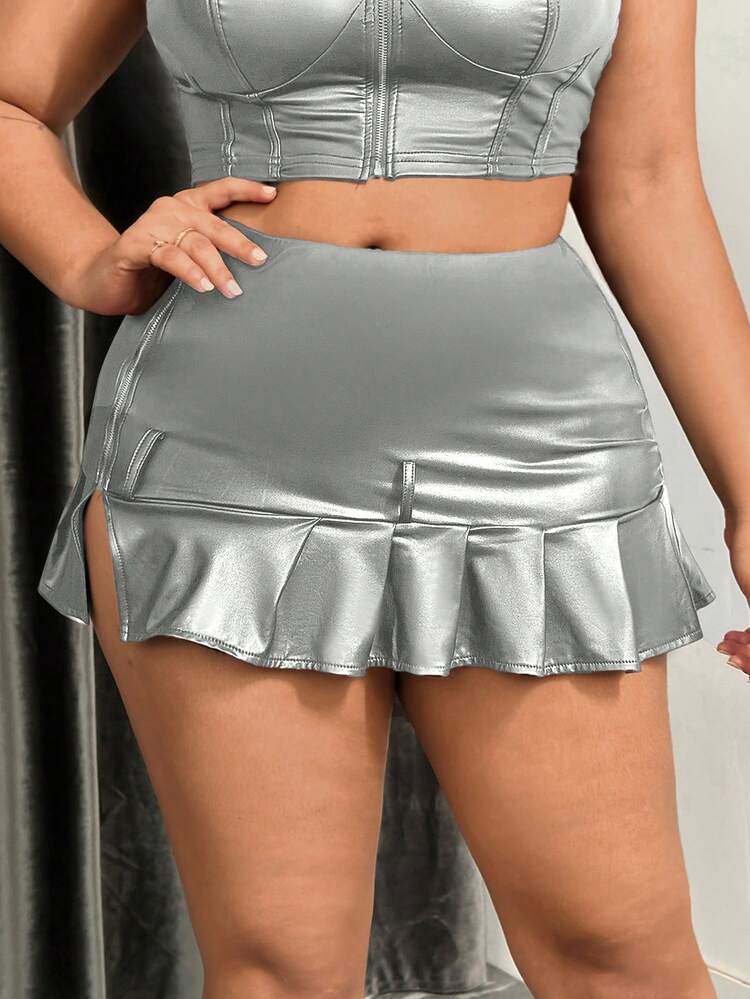 Plus Size Women Metallic Pleated Skirt