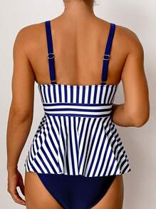 Swim Lushoire Summer Beach Ladies' Fashionable Ruffle Striped Tankini Top & Bottom - Blue and White - View 2