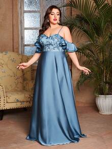 Spaghetti Strap Embroidered Ruffle Lace Patchwork Satin Dress - Blue - View 4