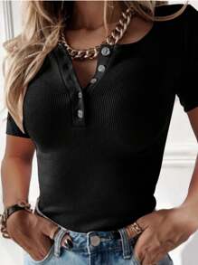 INAWLY Camiseta casual de verano para mujer de manga corta con cuello redondo, unicolor, media hilera de botones y tapeta