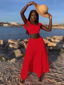 Slaydiva Vacation Cap Sleeve Whipping Camisole Top And Long Layered Summer Skirt - Red - View 6