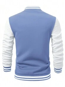 Manfinity Campus Court 男士字母植绒条纹饰边落肩运动夹克，外出街头装棒球长袖拼色夹克，适合朋友、丈夫、男朋友的礼物 - 淺藍色 - 查看 2