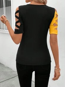 SHEIN Clasi Áo thun ngắn tay thời trang nữ có màu sắc tương phản và thiết kế dây đeo chéo - Màu vàng - Xem 2