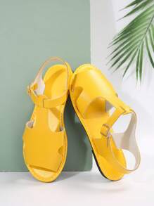 欧美新款大码女鞋女士平底露趾凉鞋，适合夏季和海滩穿着 - 黃色 - 查看 3