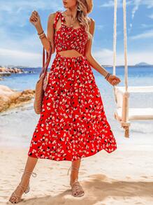 Breezaya Robe longue d"été imprimée pour femme, style de vacances avec bretelles spaghetti, ceinture à la taille et détails ajourés - Multicolore - Voir 5