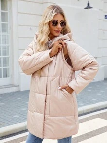 Giacca imbottita con cappuccio casual da donna con tasche, giacca trapuntata leggera imbottita per uso quotidiano in primavera/autunno/inverno - Champagne - Visualizzare 4