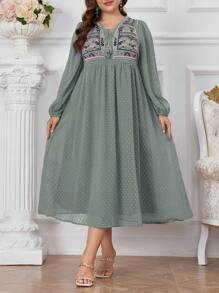 Mulvari Plus Size Women Vintage Elegant Solid Color Dress