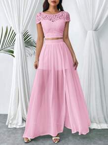 SHEIN Privé 女性蕾絲T恤和透明雪紡A字裙套裝，為優雅的假日或婚禮季節而設 - 粉色 - 查看 1