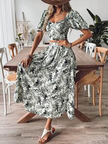 SHEIN VCAY Bộ đồ nghỉ mát hai mảnh gồm áo crop top ngắn có cổ kim cương và chân váy dài in họa tiết cây - Nhiều màu - Xem 6